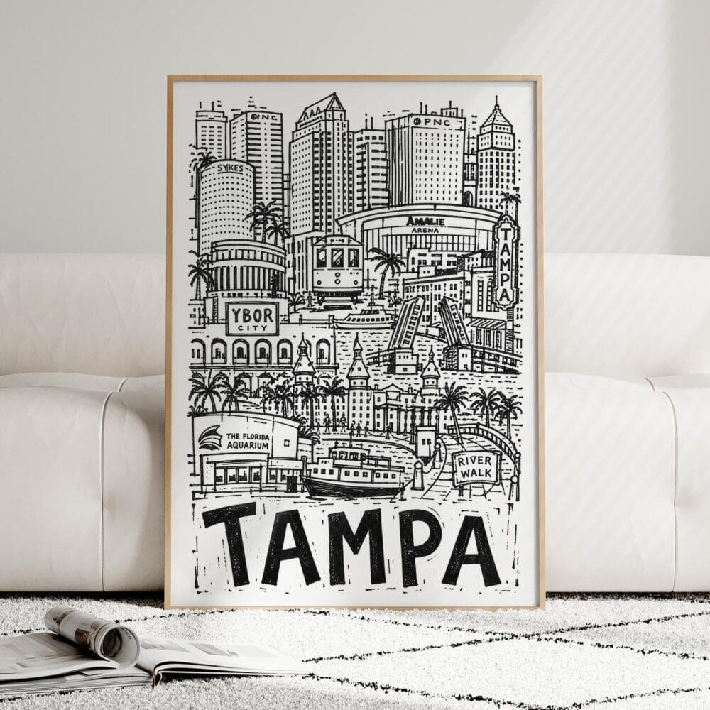 03 - Framed Tampa City Art - Pencil Style Art Print leaning against couch - Vertical.jpg 03 - Framed Tampa City Art - Pencil Style Art Print leaning against couch - Vertical.jpg