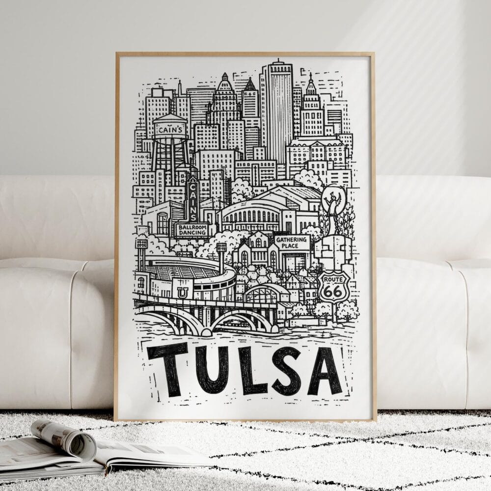 03 - Framed Tulsa City Art - Pencil Style Art Print leaning against couch - Vertical.jpg 03 - Framed Tulsa City Art - Pencil Style Art Print leaning against couch - Vertical.jpg