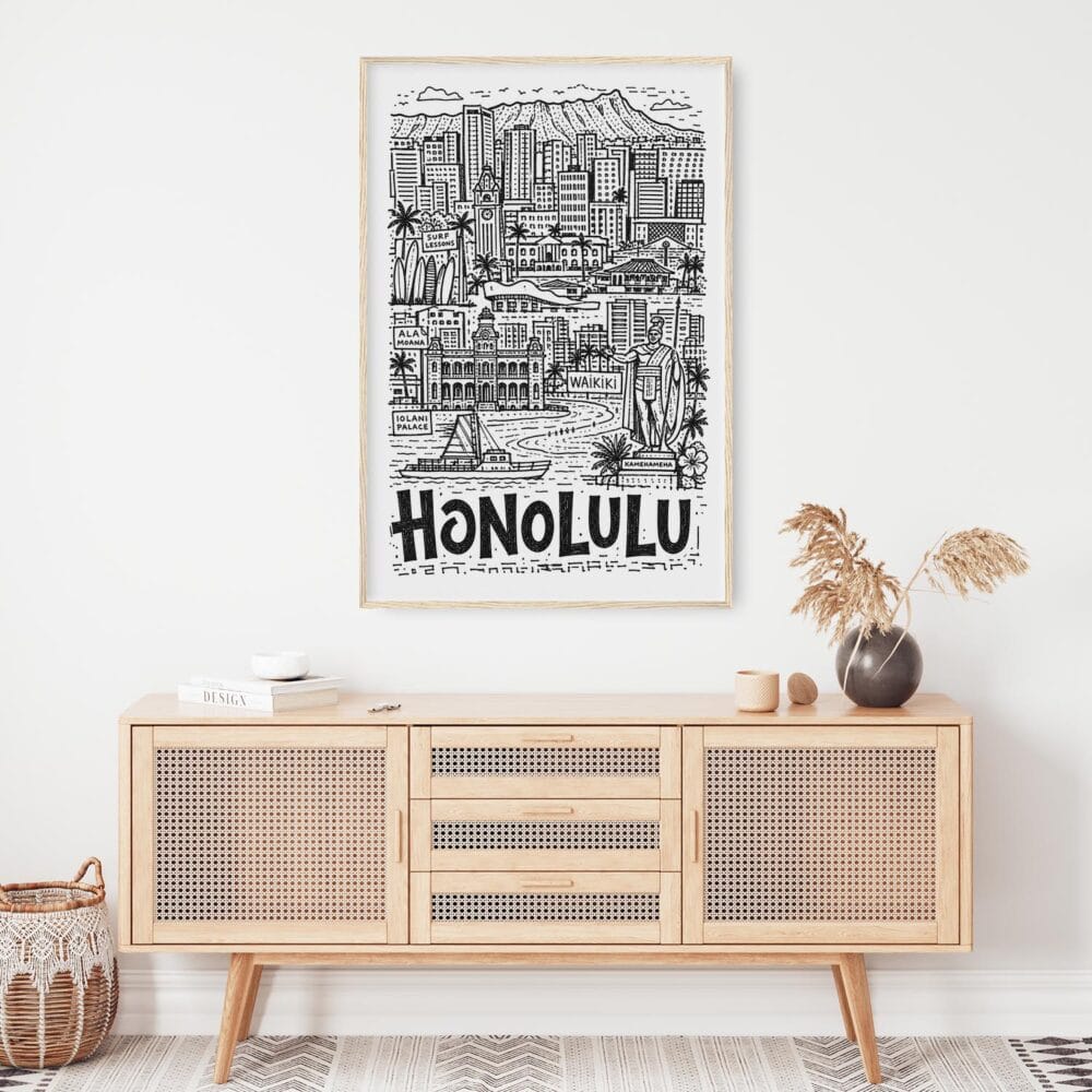 03 - Honolulu City Art - Pencil Style Art Print Hanging above Shelf - Vertical.jpg 03 - Honolulu City Art - Pencil Style Art Print Hanging above Shelf - Vertical.jpg