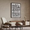 03 - Jacksonville City Art - Pencil Style Art Print with Black Frame in Japandi Living Room - Vertical.jpg