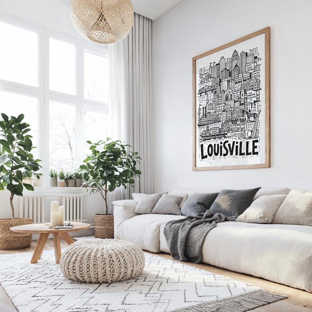 03 - Large Louisville City Art - Pencil Style Art Print with Wood Frame in Boho Living Room - Vertical.jpg 03 - Large Louisville City Art - Pencil Style Art Print with Wood Frame in Boho Living Room - Vertical.jpg