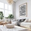 03 - Large Louisville City Art - Pencil Style Art Print with Wood Frame in Boho Living Room - Vertical.jpg