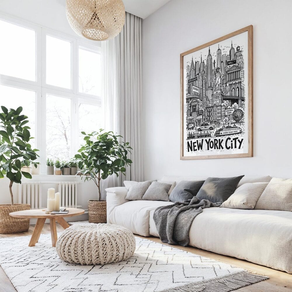 03 - Large New York City Art - Pencil Style Art Print with Wood Frame in Boho Living Room - Vertical.jpg 03 - Large New York City Art - Pencil Style Art Print with Wood Frame in Boho Living Room - Vertical.jpg
