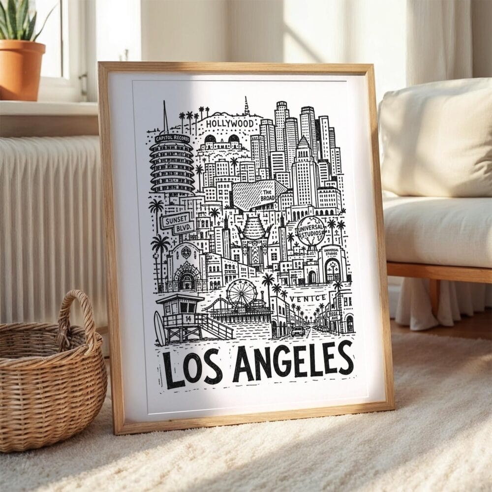 03 - Los Angeles City Art - Pencil Style Art Print with Natural Wood Frame on floor - Vertical.jpg 03 - Los Angeles City Art - Pencil Style Art Print with Natural Wood Frame on floor - Vertical.jpg