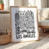 03 - Los Angeles City Art - Pencil Style Art Print with Natural Wood Frame on floor - Vertical.jpg