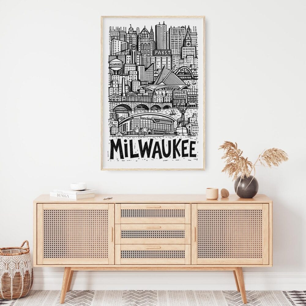 03 - Milwaukee City Art - Pencil Style Art Print Hanging above Shelf - Vertical.jpg 03 - Milwaukee City Art - Pencil Style Art Print Hanging above Shelf - Vertical.jpg