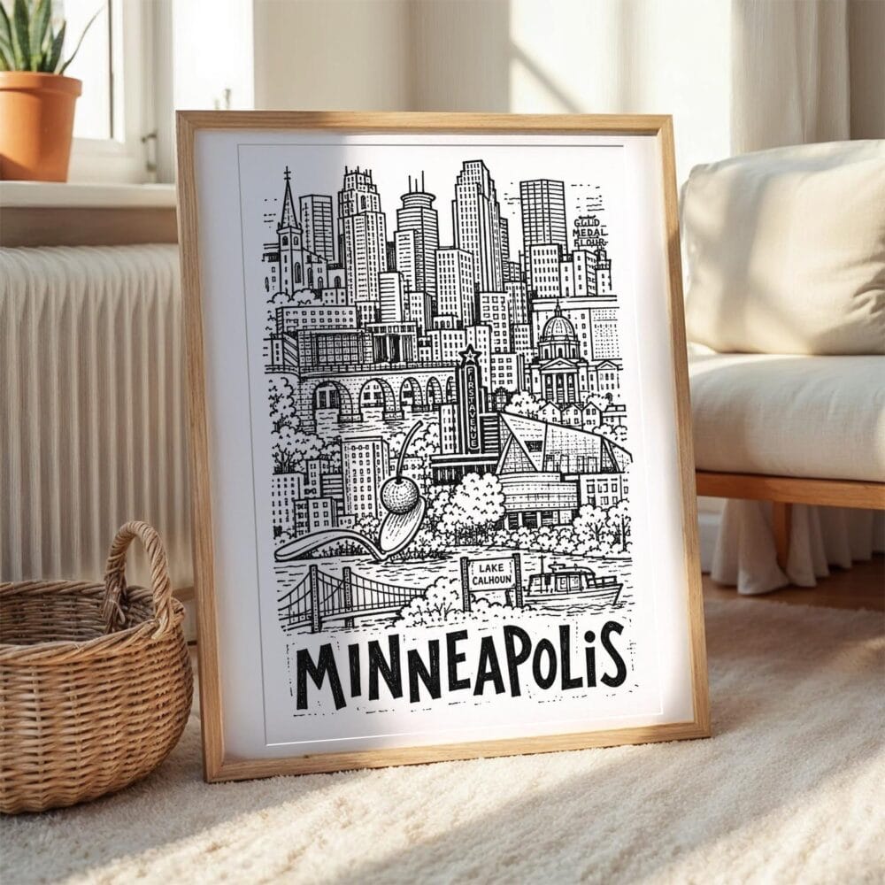 03 - Minneapolis City Art - Pencil Style Art Print with Natural Wood Frame on floor - Vertical.jpg 03 - Minneapolis City Art - Pencil Style Art Print with Natural Wood Frame on floor - Vertical.jpg