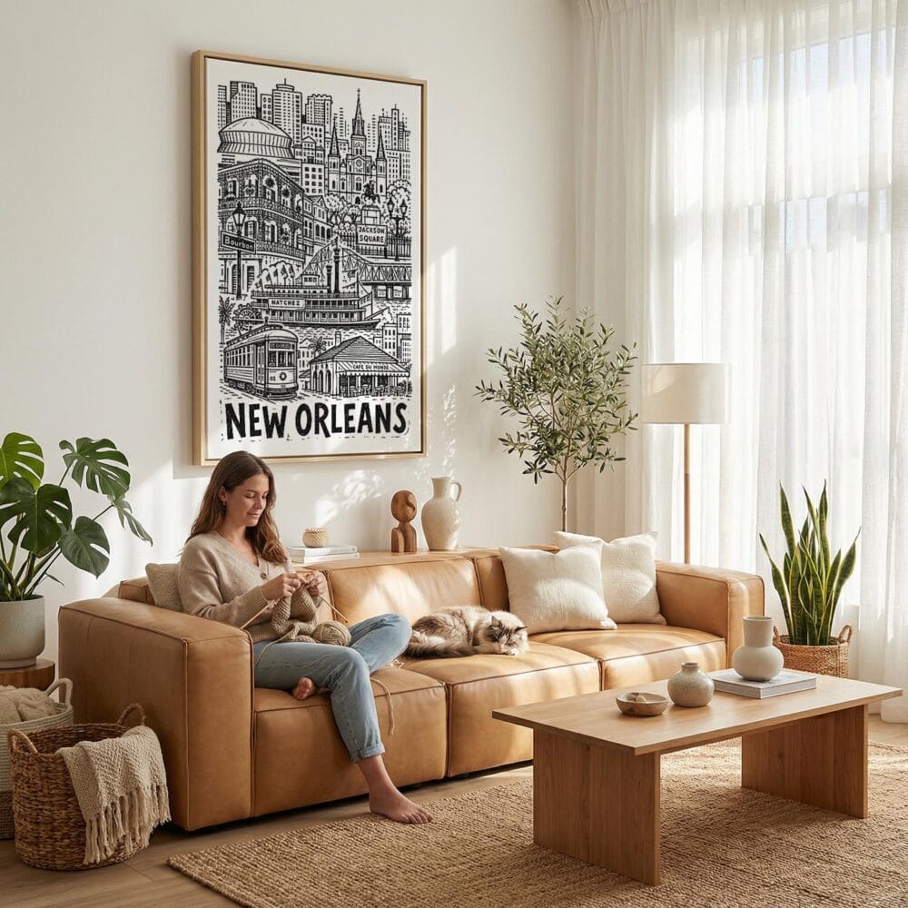 03 - New Orleans City Art - Pencil Style Canvas Art Print with natural Floater Frame - Women knitting on couch with cat - Vertical .jpg 03 - New Orleans City Art - Pencil Style Canvas Art Print with natural Floater Frame - Women knitting on couch with cat - Vertical .jpg