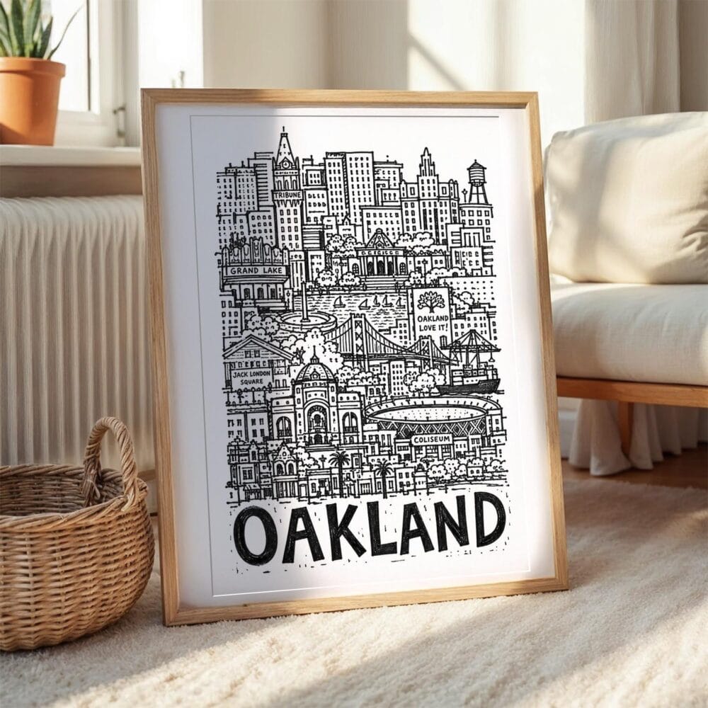 03 - Oakland City Art - Pencil Style Art Print with Natural Wood Frame on floor - Vertical.jpg 03 - Oakland City Art - Pencil Style Art Print with Natural Wood Frame on floor - Vertical.jpg