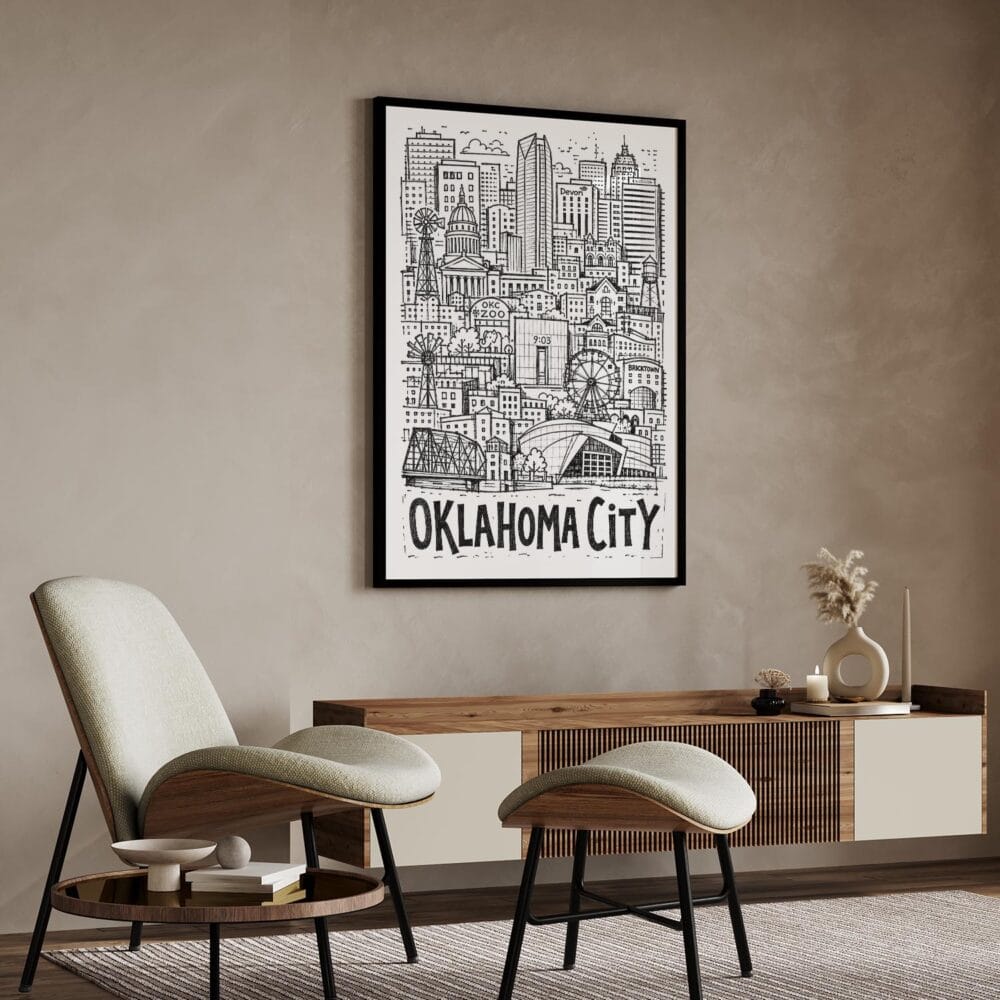 03 - Oklahoma City Art - Pencil Style Art Print with Black Frame in Japandi Living Room - Vertical.jpg 03 - Oklahoma City Art - Pencil Style Art Print with Black Frame in Japandi Living Room - Vertical.jpg