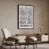 03 - Oklahoma City Art - Pencil Style Art Print with Black Frame in Japandi Living Room - Vertical.jpg