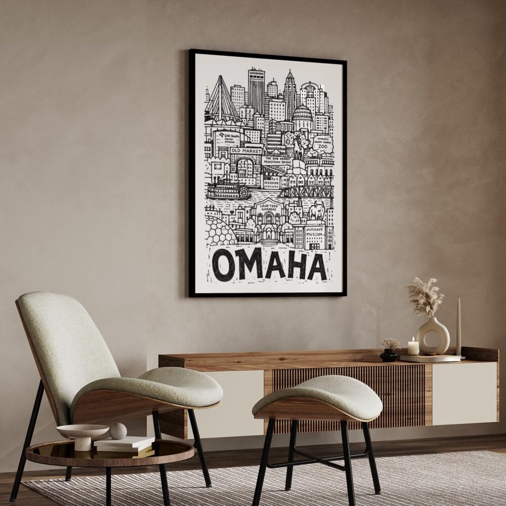 03 - Omaha City Art - Pencil Style Art Print with Black Frame in Japandi Living Room - Vertical.jpg 03 - Omaha City Art - Pencil Style Art Print with Black Frame in Japandi Living Room - Vertical.jpg
