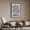 03 - Omaha City Art - Pencil Style Art Print with Black Frame in Japandi Living Room - Vertical.jpg
