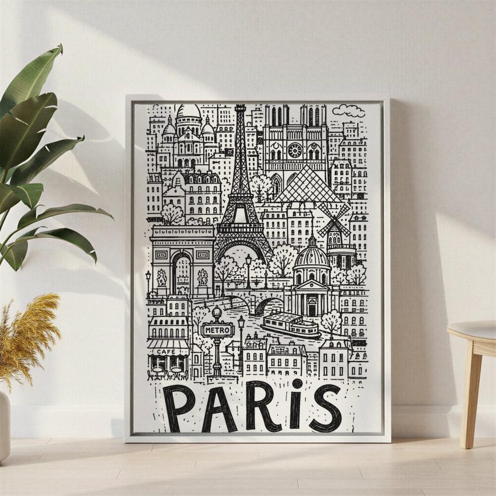 03 - Paris City Art - Pencil Style Canvas Print with White Floater Frame - Standing on Floor - Vertical.jpg 03 - Paris City Art - Pencil Style Canvas Print with White Floater Frame - Standing on Floor - Vertical.jpg