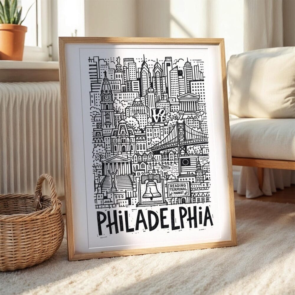 03 - Philadelphia City Art - Pencil Style Art Print with Natural Wood Frame on floor - Vertical.jpg 03 - Philadelphia City Art - Pencil Style Art Print with Natural Wood Frame on floor - Vertical.jpg