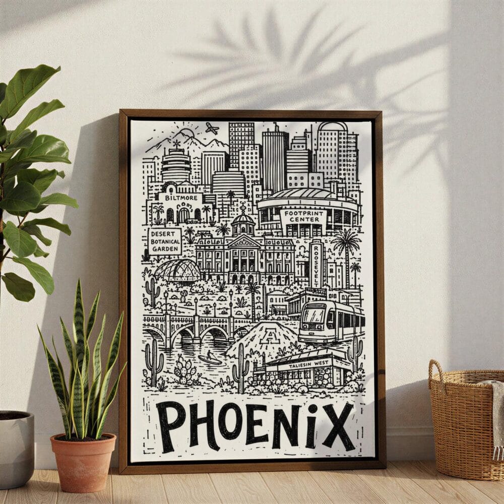 03 - Phoenix City Art - Pencil Style Canvas Print with Brown Floater Frame - Standing on Floor - Vertical.jpg 03 - Phoenix City Art - Pencil Style Canvas Print with Brown Floater Frame - Standing on Floor - Vertical.jpg