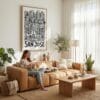 03 - San Jose City Art - Pencil Style Canvas Art Print with natural Floater Frame - Women knitting on couch with cat - Vertical .jpg