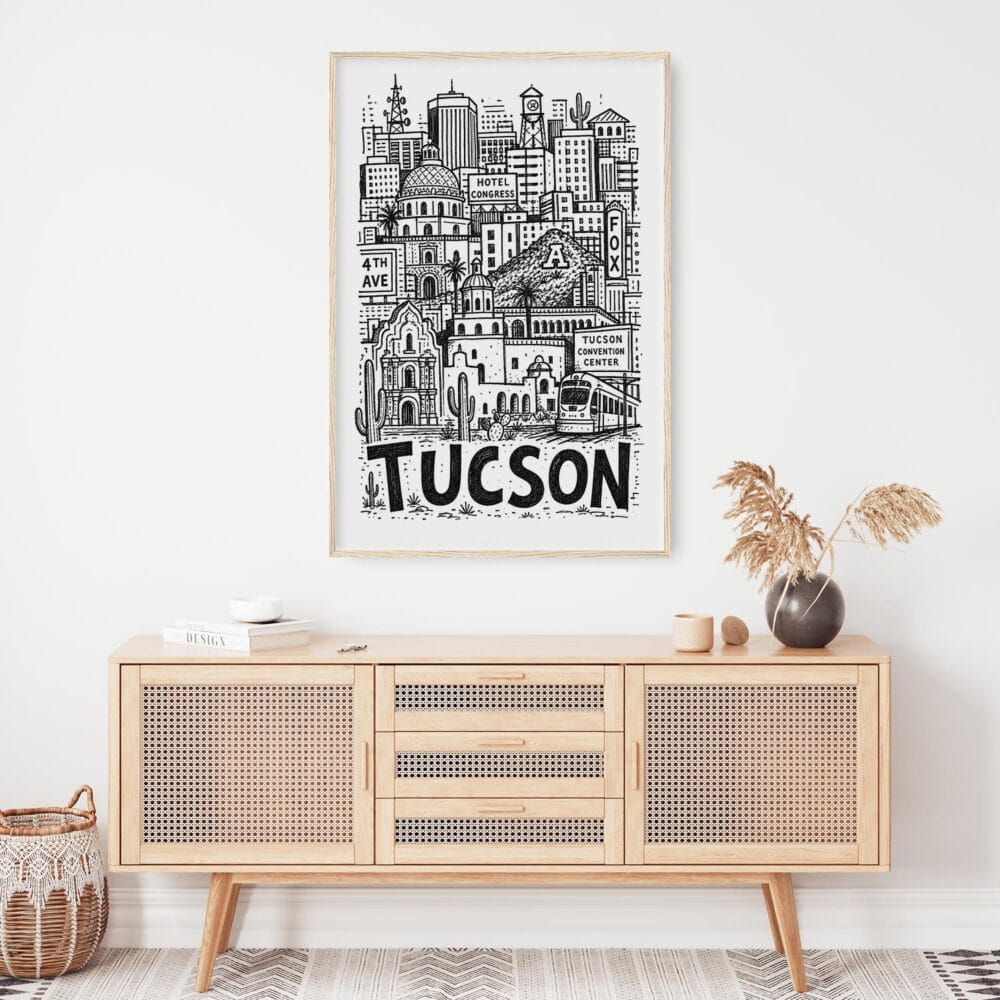 03 - Tucson City Art - Pencil Style Art Print Hanging above Shelf - Vertical.jpg 03 - Tucson City Art - Pencil Style Art Print Hanging above Shelf - Vertical.jpg
