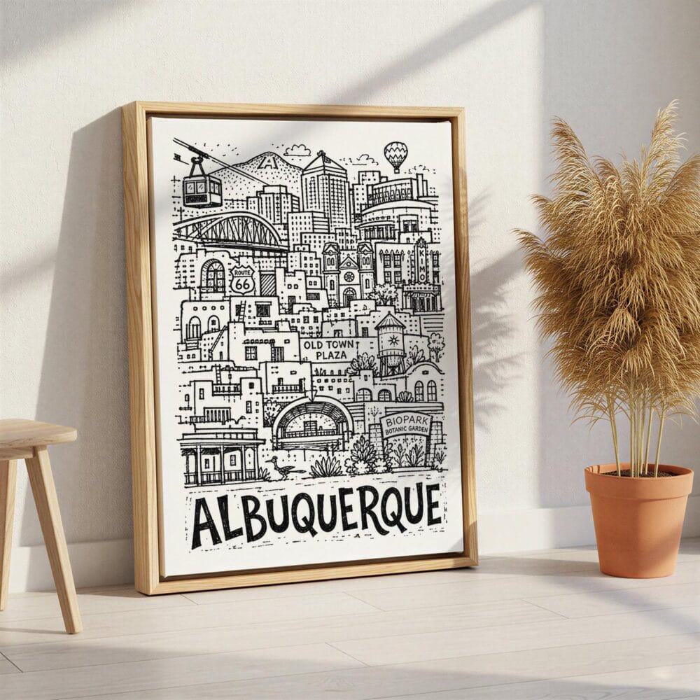 04 - Albuquerque City Art - Pencil Style Canvas Print with Natural Floater Frame - Standing on Floor - Vertical.jpg 04 - Albuquerque City Art - Pencil Style Canvas Print with Natural Floater Frame - Standing on Floor - Vertical.jpg