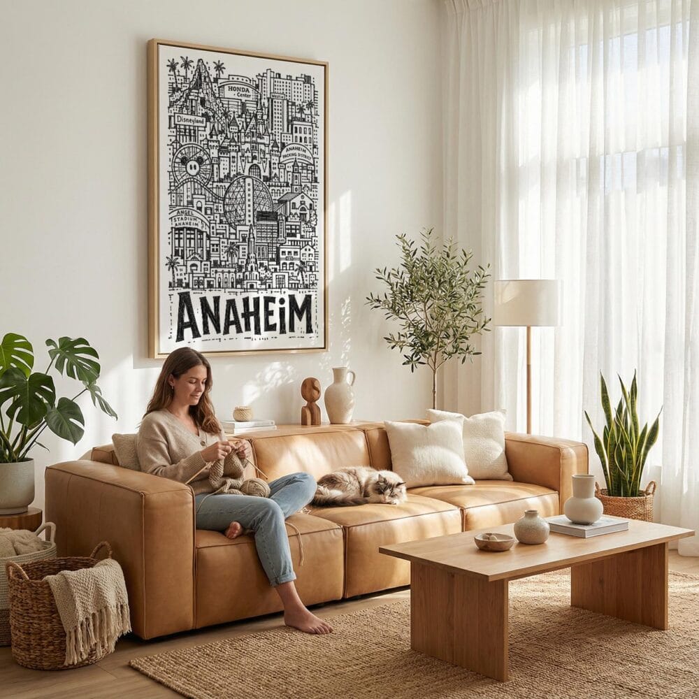 04 - Anaheim City Art - Pencil Style Canvas Art Print with natural Floater Frame - Women knitting on couch with cat - Vertical .jpg 04 - Anaheim City Art - Pencil Style Canvas Art Print with natural Floater Frame - Women knitting on couch with cat - Vertical .jpg