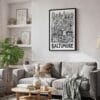 04 - Black Framed Baltimore City Art - Pencil Style Canvas Print - Skandinavian Living Room - Vertical.jpg