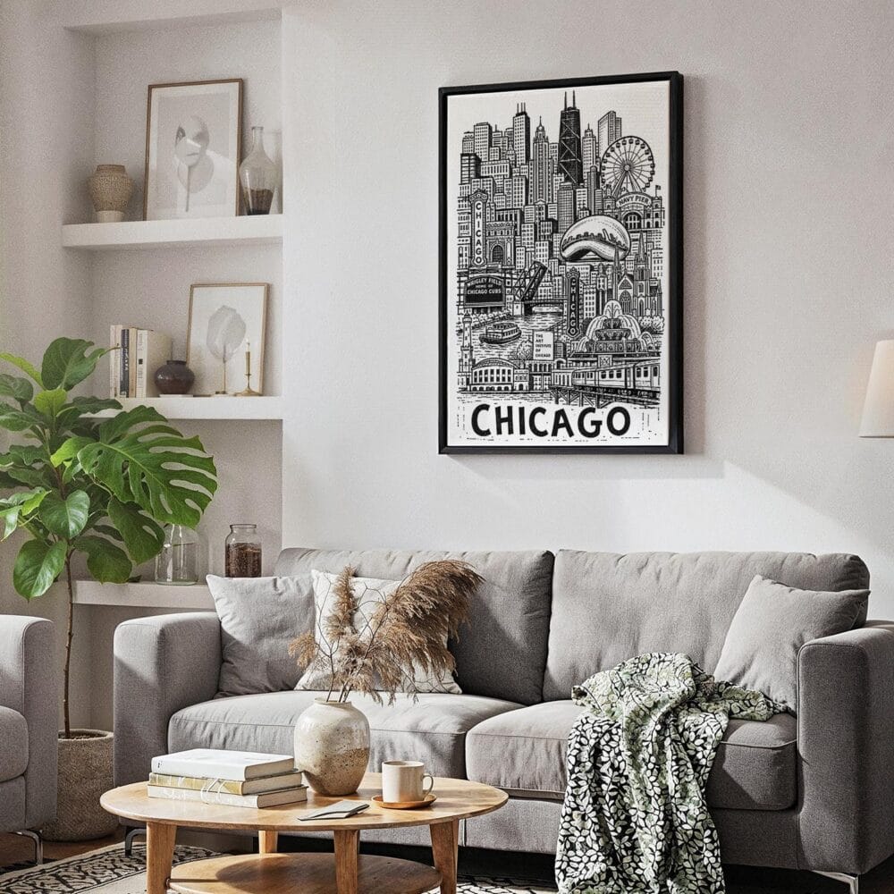 04 - Black Framed Chicago City Art - Pencil Style Canvas Print - Skandinavian Living Room - Vertical.jpg 04 - Black Framed Chicago City Art - Pencil Style Canvas Print - Skandinavian Living Room - Vertical.jpg