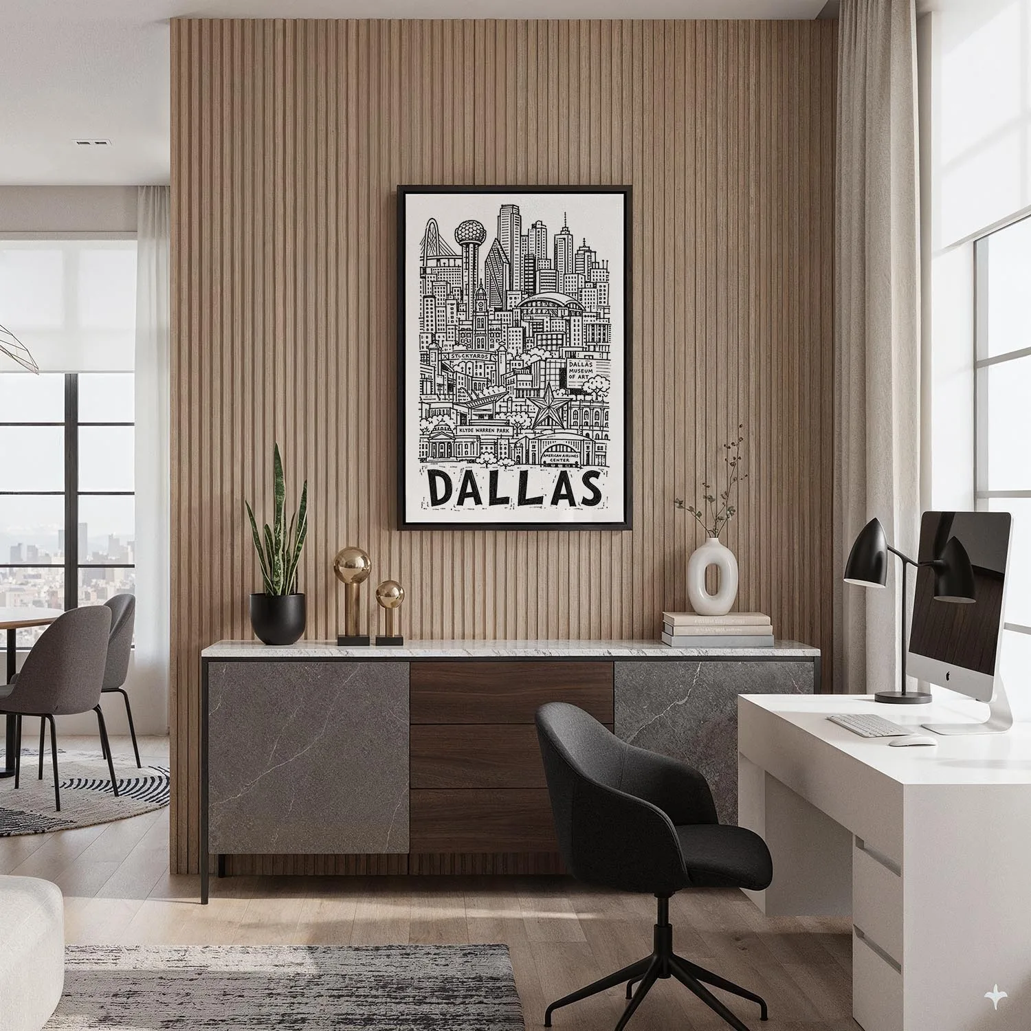 04 - Black Framed Dallas City Art - Pencil Style Canvas Print - Home Office - Vertical.jpg