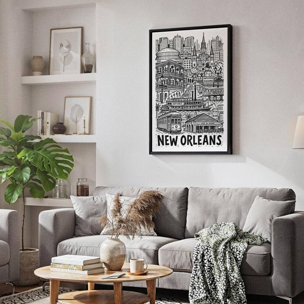 04 - Black Framed New Orleans City Art - Pencil Style Canvas Print - Skandinavian Living Room - Vertical.jpg 04 - Black Framed New Orleans City Art - Pencil Style Canvas Print - Skandinavian Living Room - Vertical.jpg