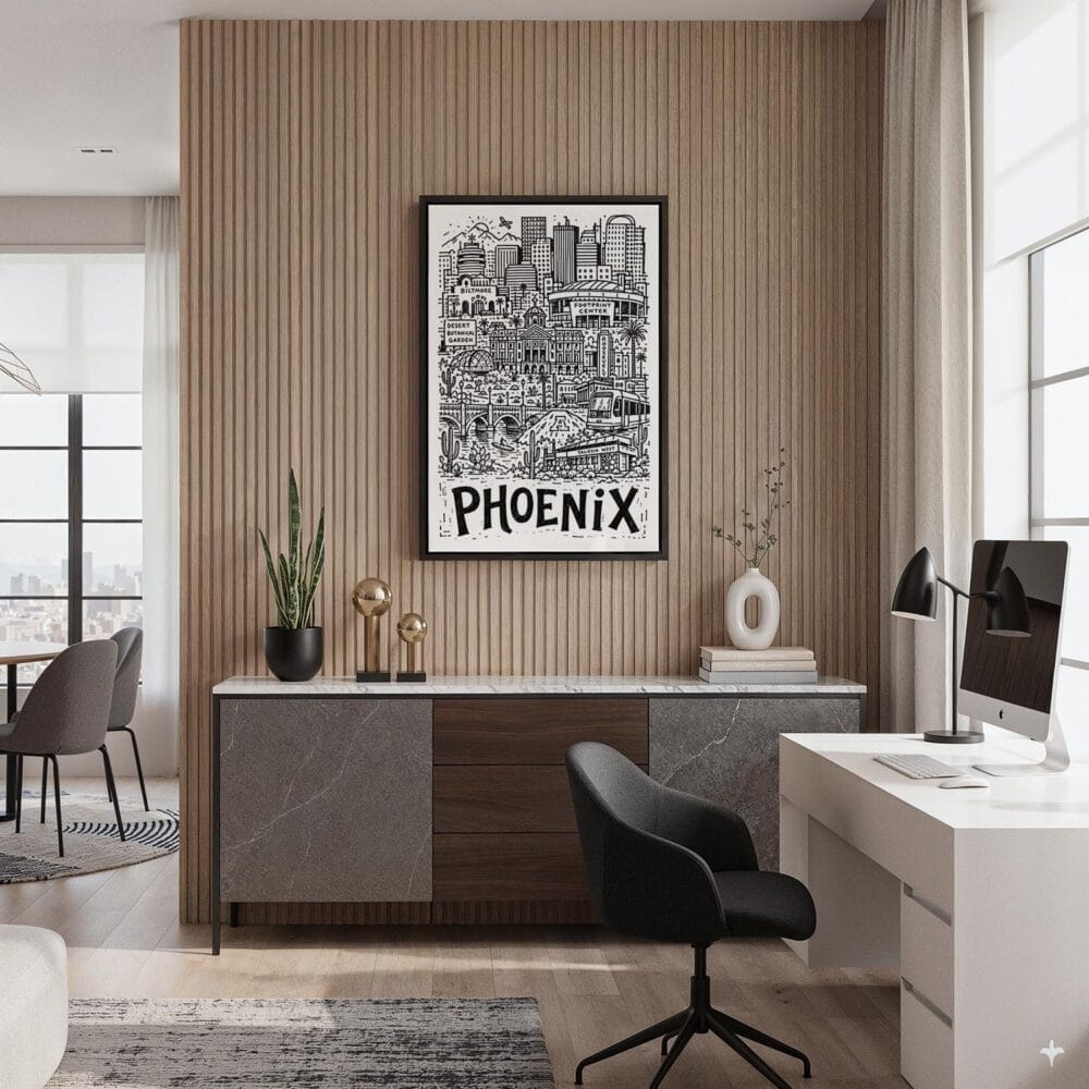 04 - Black Framed Phoenix City Art - Pencil Style Canvas Print - Home Office - Vertical.jpg 04 - Black Framed Phoenix City Art - Pencil Style Canvas Print - Home Office - Vertical.jpg