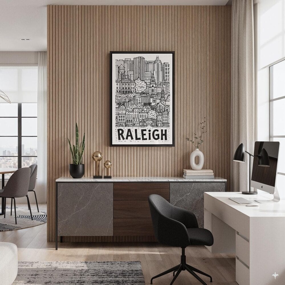 04 - Black Framed Raleigh City Art - Pencil Style Canvas Print - Home Office - Vertical.jpg 04 - Black Framed Raleigh City Art - Pencil Style Canvas Print - Home Office - Vertical.jpg