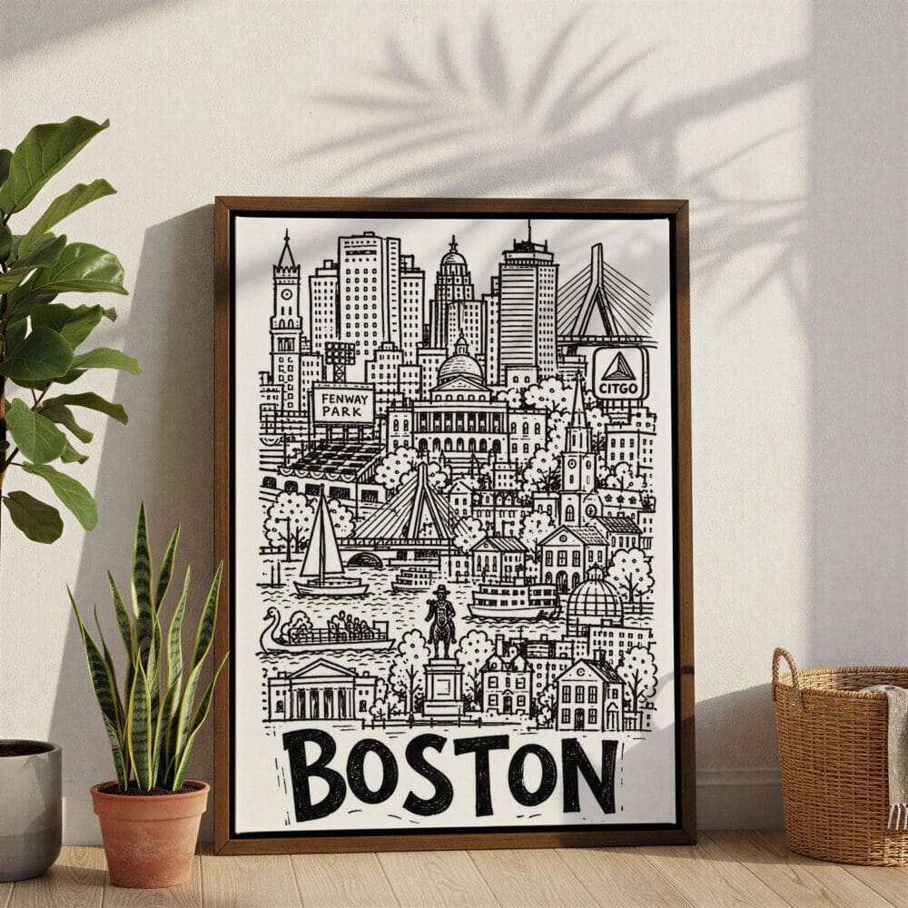 04 - Boston City Art - Pencil Style Canvas Print with Brown Floater Frame - Standing on Floor - Vertical.jpg 04 - Boston City Art - Pencil Style Canvas Print with Brown Floater Frame - Standing on Floor - Vertical.jpg