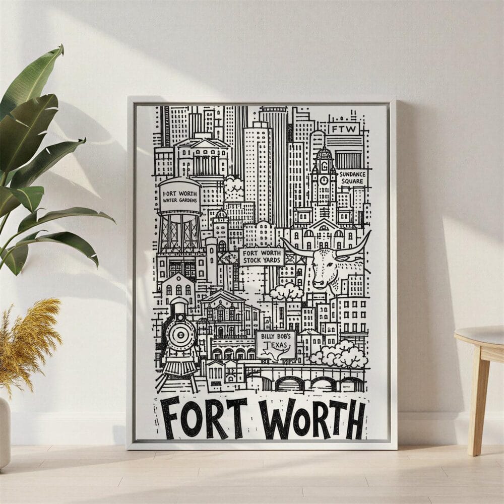 04 - Fort Worth City Art - Pencil Style Canvas Print with White Floater Frame - Standing on Floor - Vertical.jpg 04 - Fort Worth City Art - Pencil Style Canvas Print with White Floater Frame - Standing on Floor - Vertical.jpg