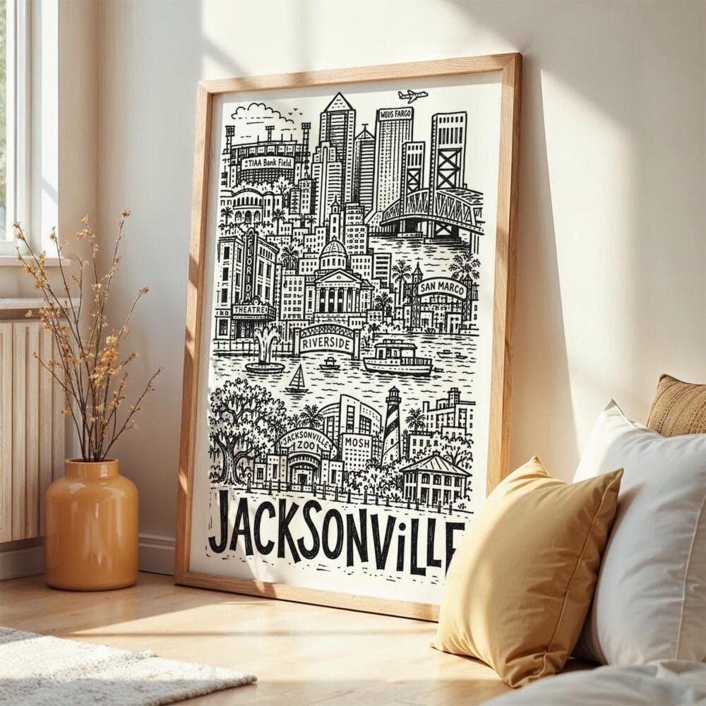 04 - Frame Jacksonville City Art - Pencil Style art print leaning against wall on floor - Vertical.jpg 04 - Frame Jacksonville City Art - Pencil Style art print leaning against wall on floor - Vertical.jpg