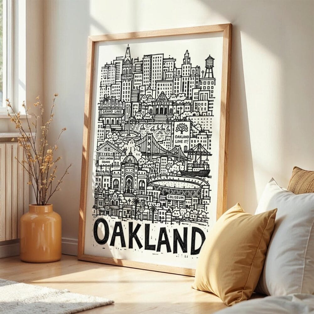 04 - Frame Oakland City Art - Pencil Style art print leaning against wall on floor - Vertical.jpg 04 - Frame Oakland City Art - Pencil Style art print leaning against wall on floor - Vertical.jpg