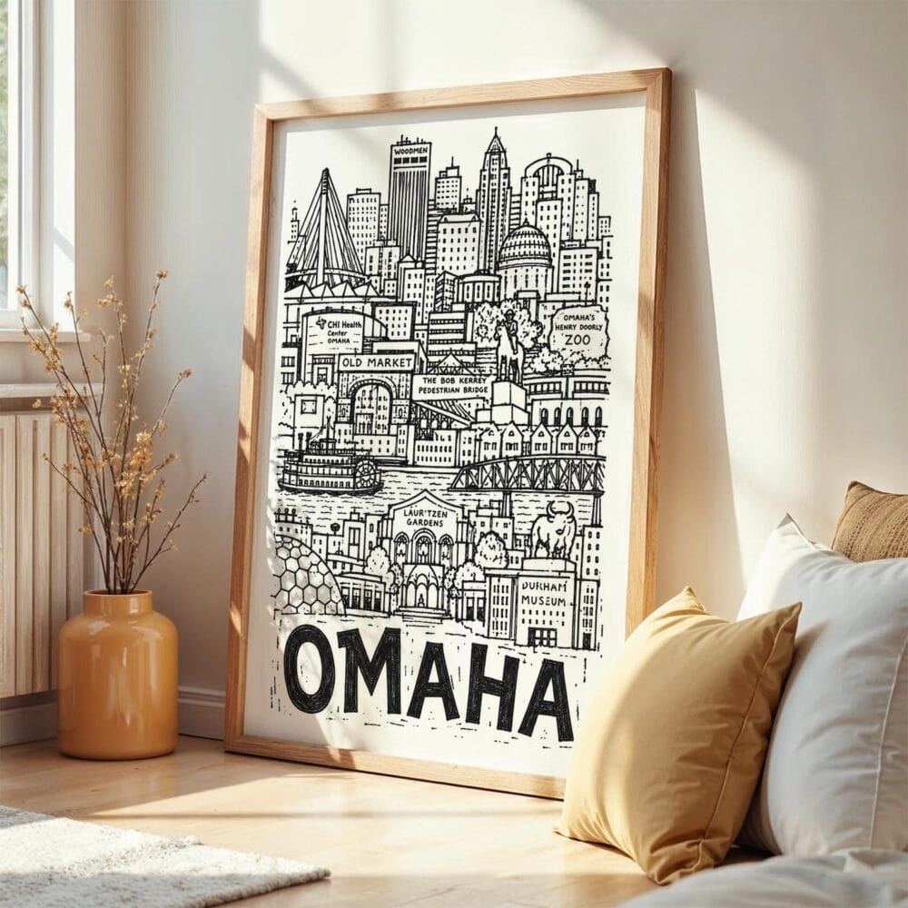 04 - Frame Omaha City Art - Pencil Style art print leaning against wall on floor - Vertical.jpg 04 - Frame Omaha City Art - Pencil Style art print leaning against wall on floor - Vertical.jpg