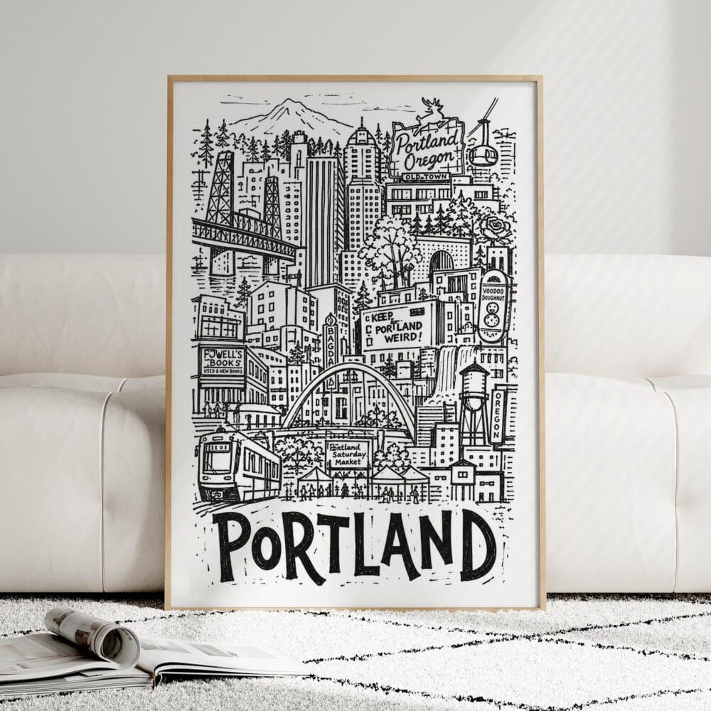 04 - Framed Portland City Art - Pencil Style Art Print leaning against couch - Vertical.jpg 04 - Framed Portland City Art - Pencil Style Art Print leaning against couch - Vertical.jpg