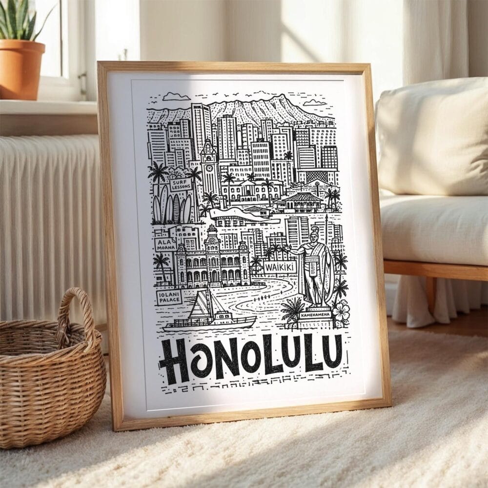 04 - Honolulu City Art - Pencil Style Art Print with Natural Wood Frame on floor - Vertical.jpg 04 - Honolulu City Art - Pencil Style Art Print with Natural Wood Frame on floor - Vertical.jpg