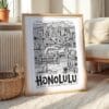 04 - Honolulu City Art - Pencil Style Art Print with Natural Wood Frame on floor - Vertical.jpg