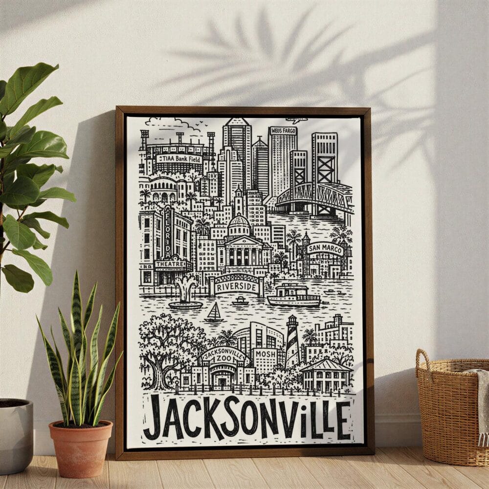 04 - Jacksonville City Art - Pencil Style Canvas Print with Brown Floater Frame - Standing on Floor - Vertical.jpg 04 - Jacksonville City Art - Pencil Style Canvas Print with Brown Floater Frame - Standing on Floor - Vertical.jpg