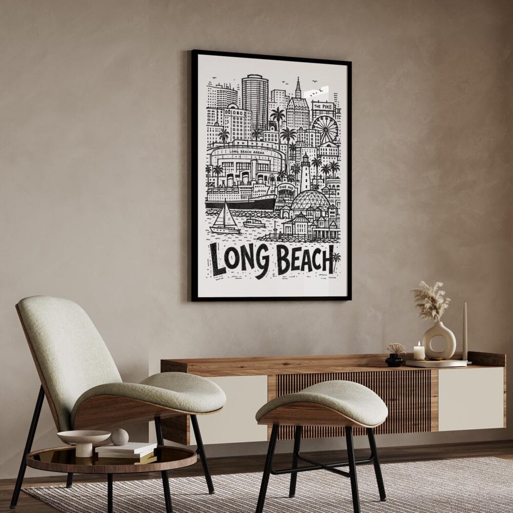 04 - Long Beach City Art - Pencil Style Art Print with Black Frame in Japandi Living Room - Vertical.jpg 04 - Long Beach City Art - Pencil Style Art Print with Black Frame in Japandi Living Room - Vertical.jpg