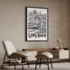 04 - Long Beach City Art - Pencil Style Art Print with Black Frame in Japandi Living Room - Vertical.jpg