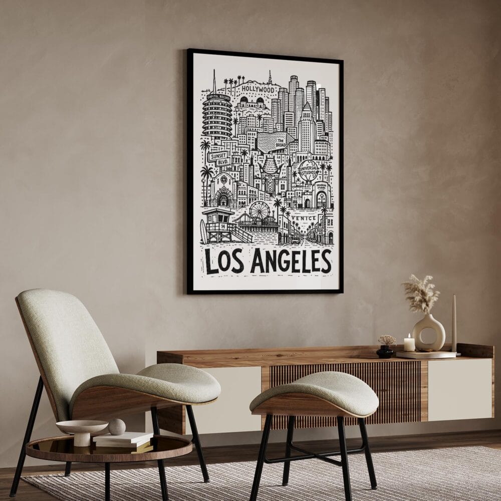 04 - Los Angeles City Art - Pencil Style Art Print with Black Frame in Japandi Living Room - Vertical.jpg 04 - Los Angeles City Art - Pencil Style Art Print with Black Frame in Japandi Living Room - Vertical.jpg