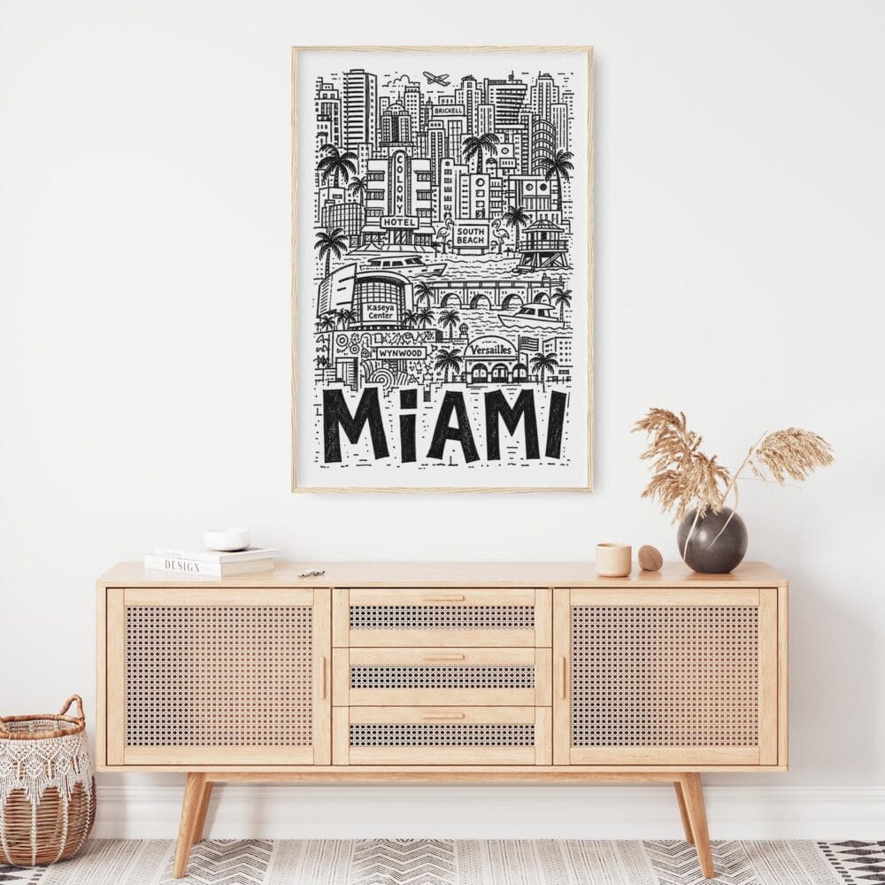 04 - Miami City Art - Pencil Style Art Print Hanging above Shelf - Vertical.jpg 04 - Miami City Art - Pencil Style Art Print Hanging above Shelf - Vertical.jpg
