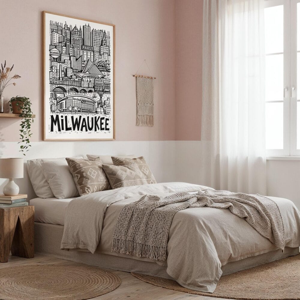 04 - Milwaukee City Art - Pencil Style Art Print in Boho Living Room - Vertical.jpg 04 - Milwaukee City Art - Pencil Style Art Print in Boho Living Room - Vertical.jpg