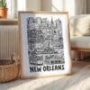 04 - New Orleans City Art - Pencil Style Art Print with Natural Wood Frame on floor - Vertical.jpg