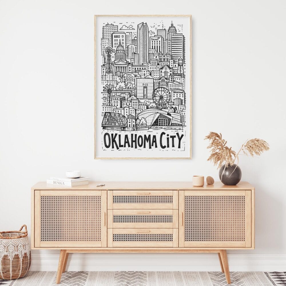 04 - Oklahoma City Art - Pencil Style Art Print Hanging above Shelf - Vertical.jpg 04 - Oklahoma City Art - Pencil Style Art Print Hanging above Shelf - Vertical.jpg
