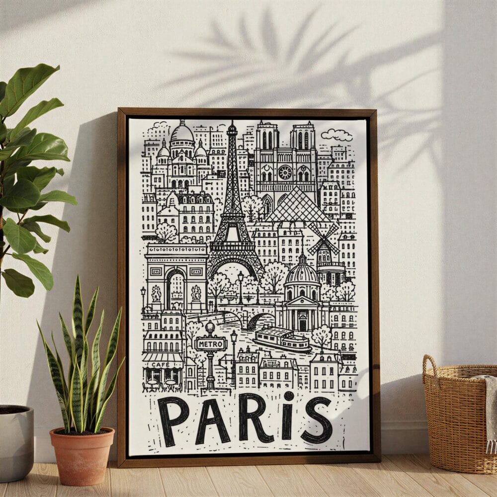 04 - Paris City Art - Pencil Style Canvas Print with Brown Floater Frame - Standing on Floor - Vertical.jpg 04 - Paris City Art - Pencil Style Canvas Print with Brown Floater Frame - Standing on Floor - Vertical.jpg