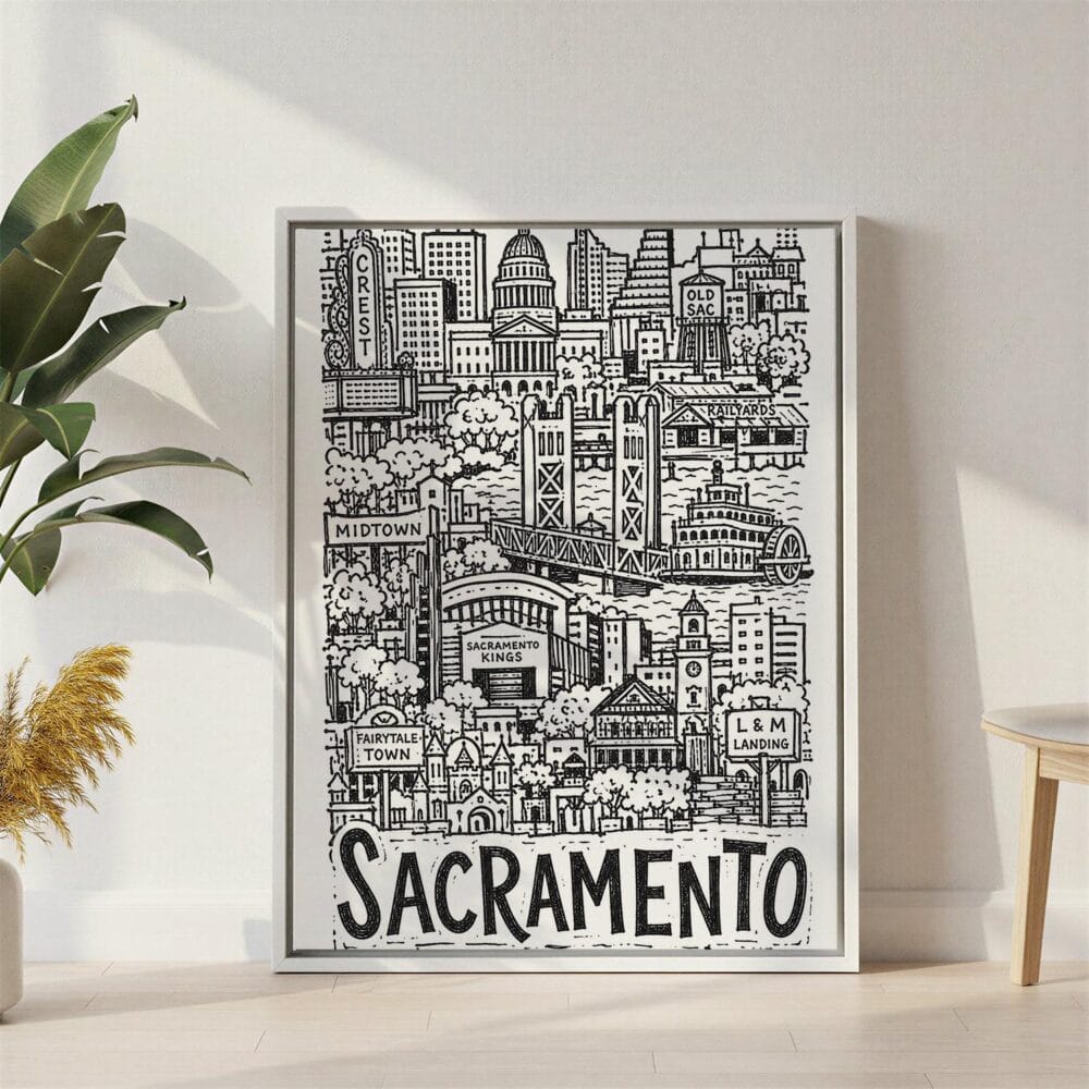 04 - Sacramento City Art - Pencil Style Canvas Print with White Floater Frame - Standing on Floor - Vertical.jpg 04 - Sacramento City Art - Pencil Style Canvas Print with White Floater Frame - Standing on Floor - Vertical.jpg