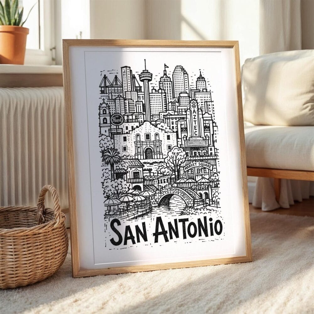 04 - San Antonio City Art - Pencil Style Art Print with Natural Wood Frame on floor - Vertical.jpg 04 - San Antonio City Art - Pencil Style Art Print with Natural Wood Frame on floor - Vertical.jpg