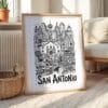 04 - San Antonio City Art - Pencil Style Art Print with Natural Wood Frame on floor - Vertical.jpg